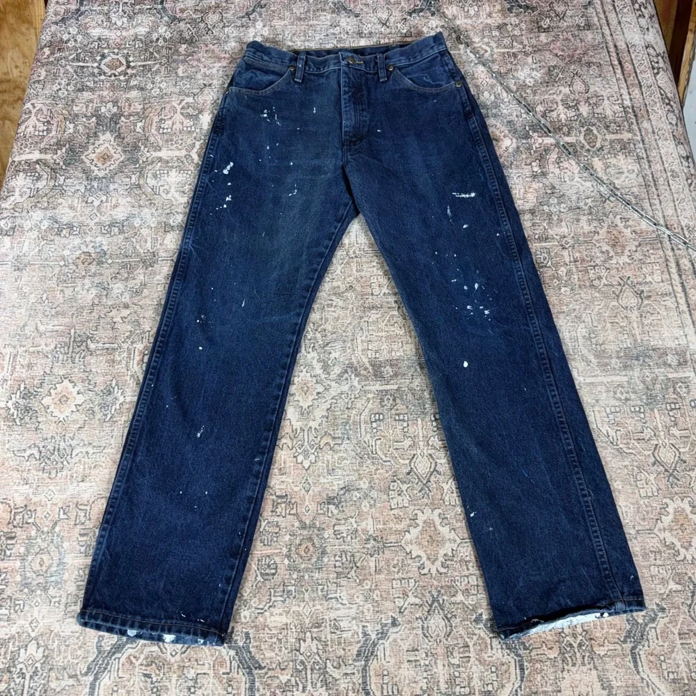 Wrangler 13MSEDD Cowboy Cut Blue Paint Splatter Distressed Jeans 32x32 Mens